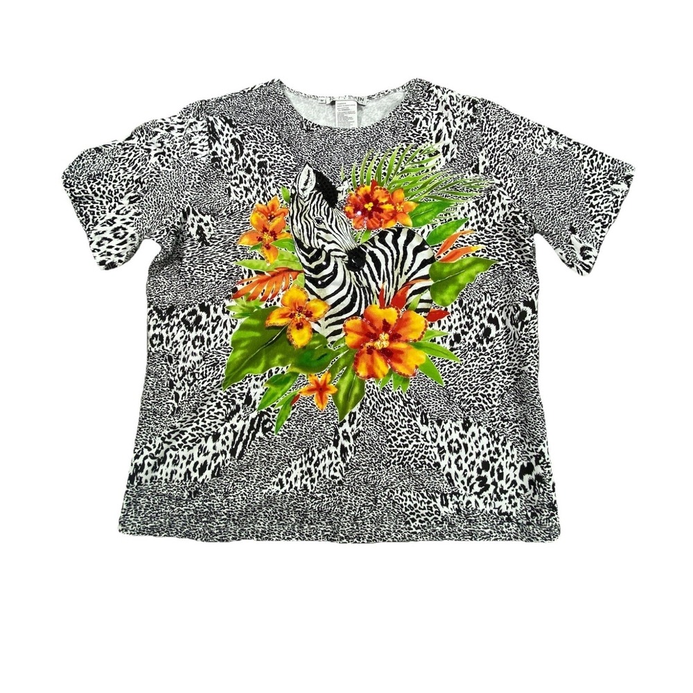 Nancy Bolen City Girl Top Women M Black Zebra Floral Print Stretch Crew Neck NEW